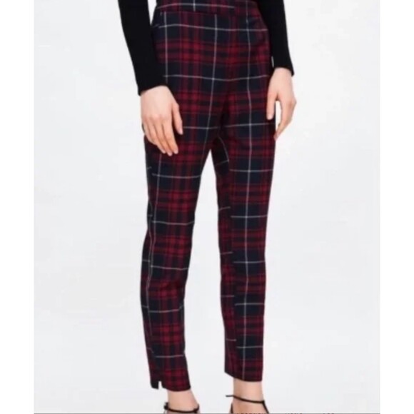 Zara Plaid Dark Academia Checkered Chino Skinny Ankle‎ Pants Blue Red Size S - Picture 3 of 5